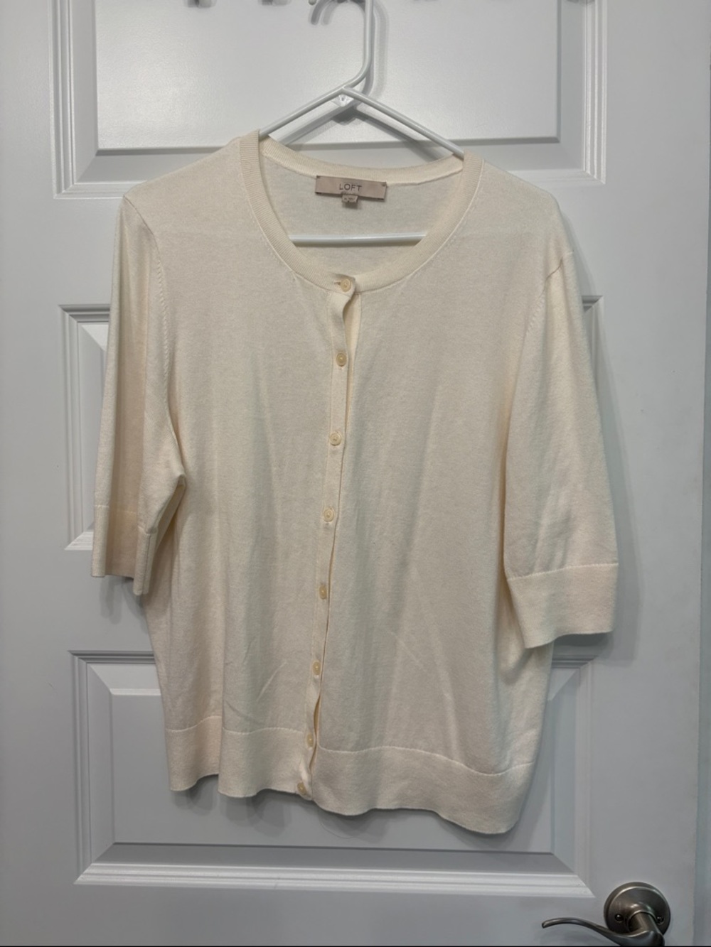 LOFT Cream Short-Sleeve Button-Up Cardigan